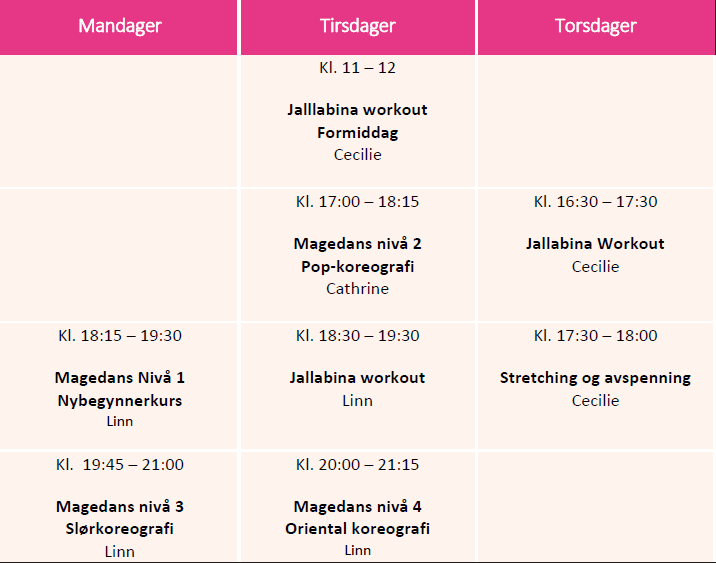 Timeplan for magedanskurs og Jallabina workout for Mars - Juni 2019.